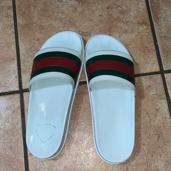 white gucci web slides